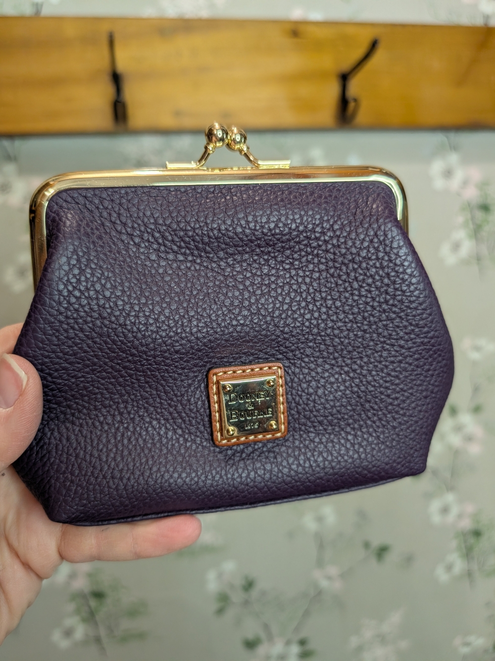 Dooney & Bourke Plum Leather Kiss-Lock Coin Purse with Gold Accents